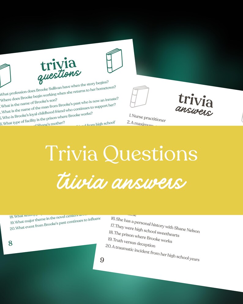 May include: White paper cards with trivia questions and answers. The cards feature the words "trivia questions" and "trivia answers" in a decorative font. The questions and answers are printed in black text. The background is a gradient of green and yellow.