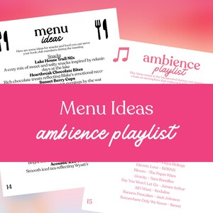 Op de afbeelding: Een roze en witte afbeelding met de woorden "Menu Ideas" en "ambience playlist". De afbeelding bevat een lijst met snackidee&euml;n en een afspeellijst met nummers. Een muzieknootafbeelding is ook aanwezig.