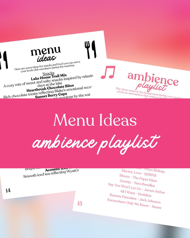 Op de afbeelding: Een roze en witte afbeelding met de woorden "Menu Ideas" en "ambience playlist". De afbeelding bevat een lijst met snackidee&euml;n en een afspeellijst met nummers. Een muzieknootafbeelding is ook aanwezig.