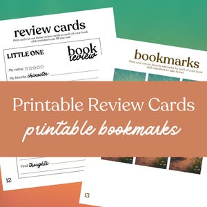 Puede incluir: Tarjetas de revisi&oacute;n e marcadores imprimibles. La imagen muestra varias hojas de papel blanco con texto y elementos de dise&ntilde;o. Una tarjeta est&aacute; etiquetada como "tarjetas de revisi&oacute;n" y otra como "marcadores". El texto incluye indicaciones para rese&ntilde;as de libros.