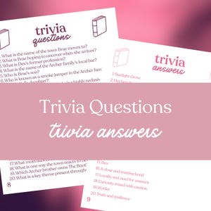 May include: Pink trivia game cards with the words "trivia questions" and "trivia answers" in a decorative font. The cards include questions and answers about a book or series, with a book icon.