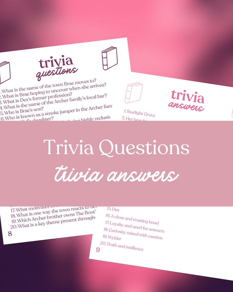May include: Pink trivia game cards with the words "trivia questions" and "trivia answers" in a decorative font. The cards include questions and answers about a book or series, with a book icon.
