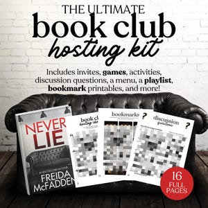May include: An image promoting a book club hosting kit, including invites, games, activities, discussion questions, a menu, a playlist, and bookmark printables. The image shows a book titled "NEVER LIE" and several printed pages. The text "INSTANT DOWNLOAD pdf" is also visible.