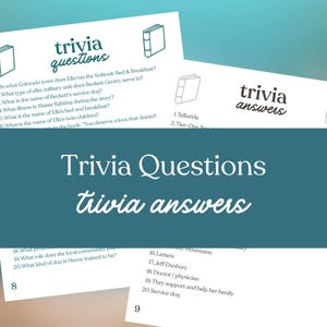 May include: White cards with the text "trivia questions" and "trivia answers" in a handwritten style. The cards contain trivia questions and answers about a book. The background is a teal color.