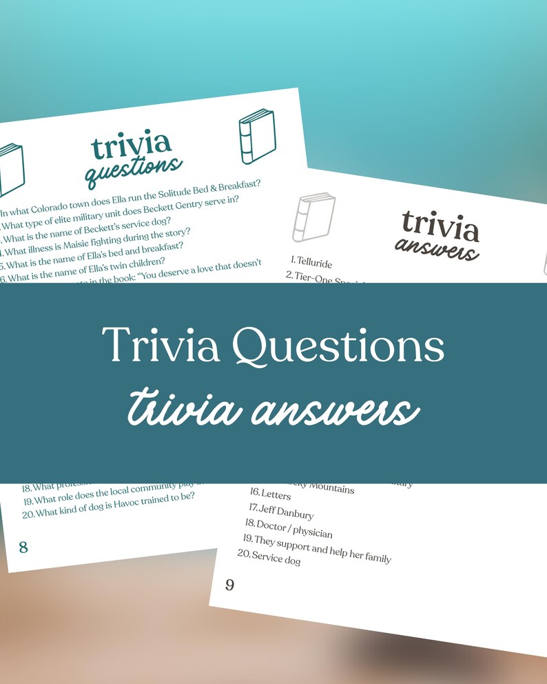 May include: White cards with the text "trivia questions" and "trivia answers" in a handwritten style. The cards contain trivia questions and answers about a book. The background is a teal color.