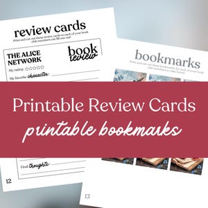 May include: White printable review cards and bookmarks. The review cards have prompts for rating and favorite character. The bookmarks feature images of books. Text on the image reads "Printable Review Cards printable bookmarks."