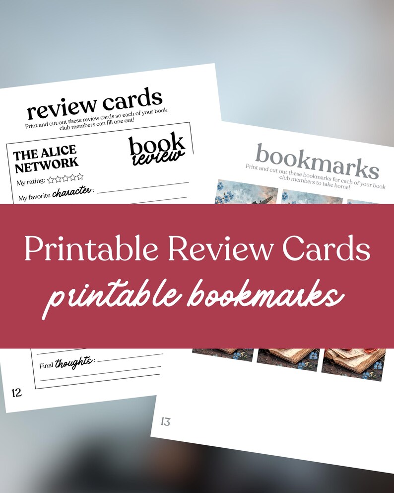 May include: White printable review cards and bookmarks. The review cards have prompts for rating and favorite character. The bookmarks feature images of books. Text on the image reads "Printable Review Cards printable bookmarks."