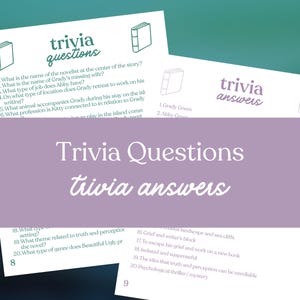 May include: White cards with the words "trivia questions" and "trivia answers" in a stylized font. The cards contain trivia questions and answers related to a novel. The background is a gradient of teal and purple.