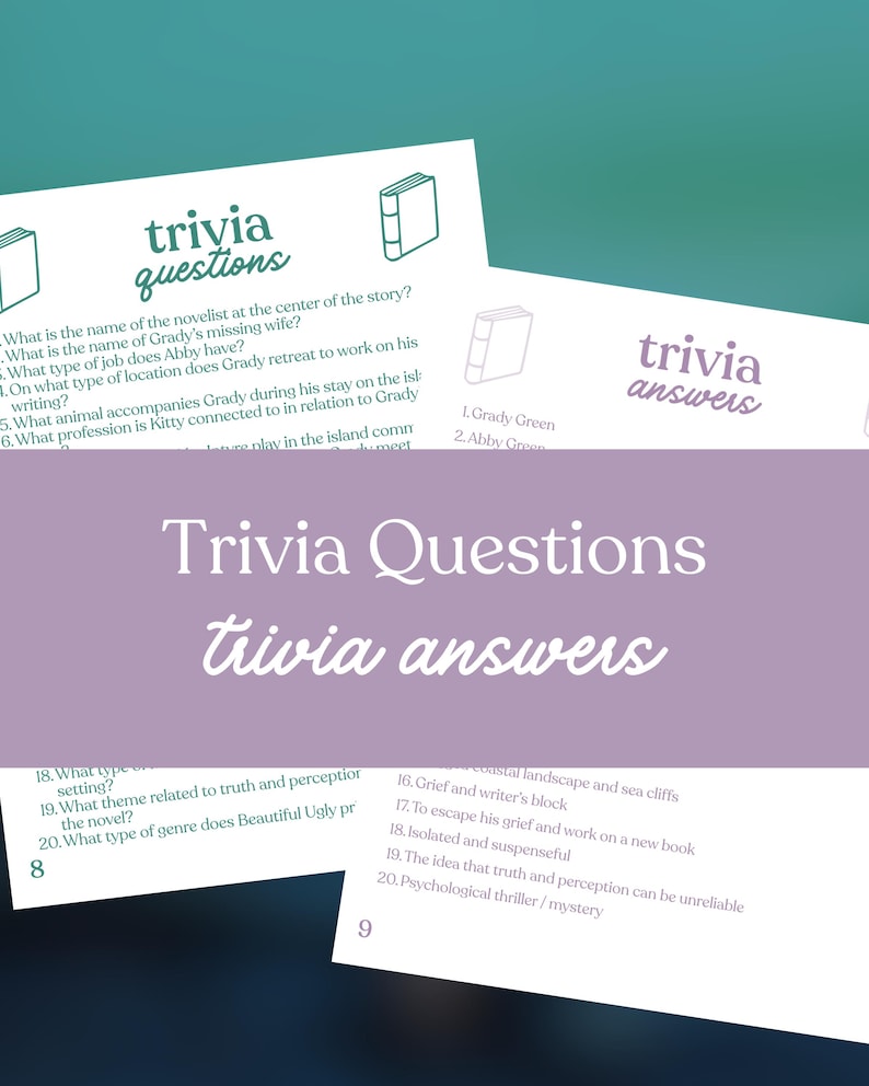 May include: White cards with the words "trivia questions" and "trivia answers" in a stylized font. The cards contain trivia questions and answers related to a novel. The background is a gradient of teal and purple.