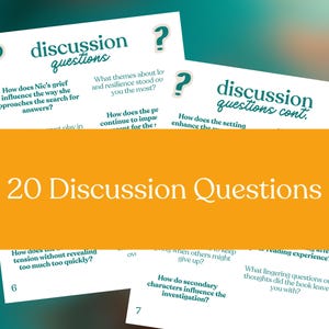 May include: Cards with discussion questions are displayed against a teal and orange background. The cards have the text "discussion questions" and "discussion questions cont." printed on them. The text "20 Discussion Questions" is also visible.