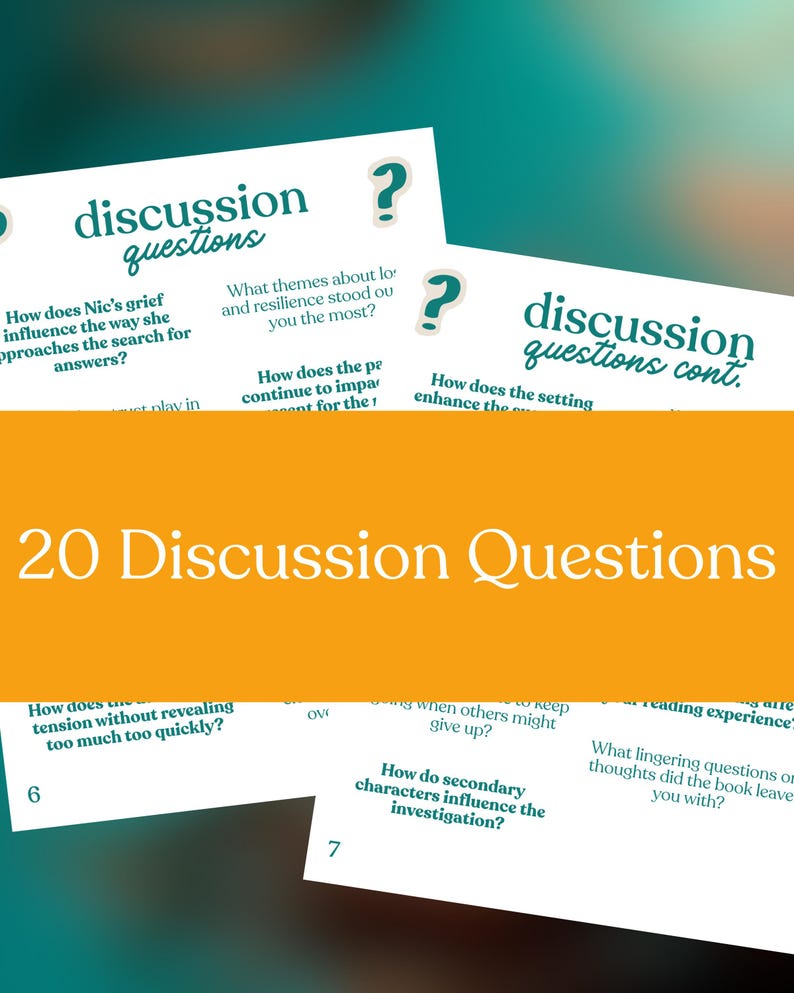 May include: Cards with discussion questions are displayed against a teal and orange background. The cards have the text "discussion questions" and "discussion questions cont." printed on them. The text "20 Discussion Questions" is also visible.