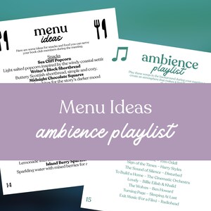 May include: A menu and playlist for a book club meeting. The menu includes snack ideas like popcorn and shortbread. The playlist features songs by Harry Styles and Radiohead. The text is in white and green on a white background.