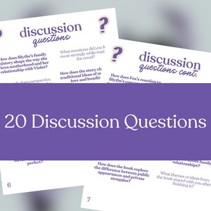 May include: A stack of cards with the text "discussion questions" in a purple font. The cards have various questions about a book, with the title "20 Discussion Questions" in a white font on a purple background.