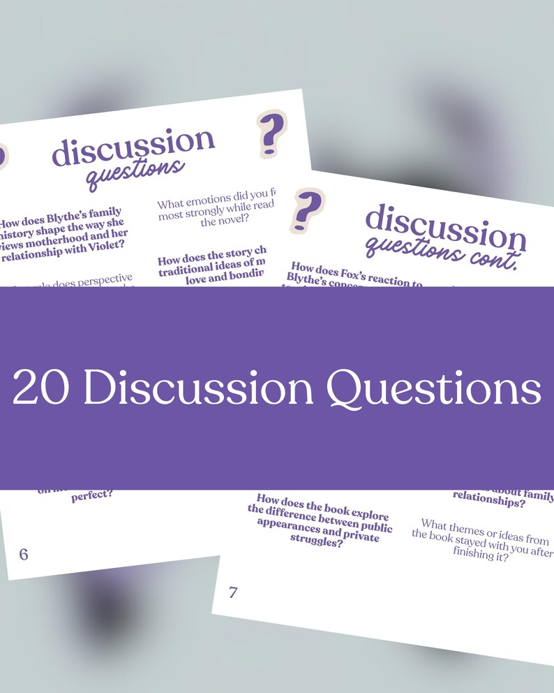 May include: A stack of cards with the text "discussion questions" in a purple font. The cards have various questions about a book, with the title "20 Discussion Questions" in a white font on a purple background.