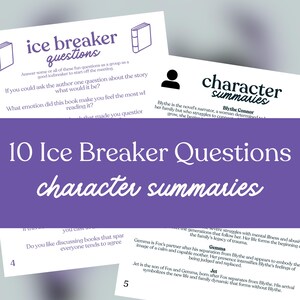May include: A collection of printed cards with the text "Ice Breaker Questions" and "Character Summaries". The cards feature questions and summaries from a novel, with a purple background and white text.
