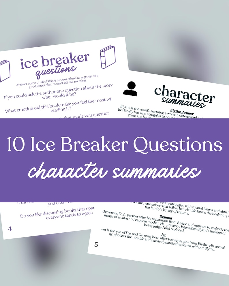 May include: A collection of printed cards with the text "Ice Breaker Questions" and "Character Summaries". The cards feature questions and summaries from a novel, with a purple background and white text.
