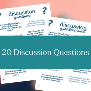 May include: Cards with discussion questions are displayed, featuring the title "20 Discussion Questions." The cards have a teal and white color scheme, with the words "discussion questions" in a navy blue font. The questions are about a book's characters and themes.