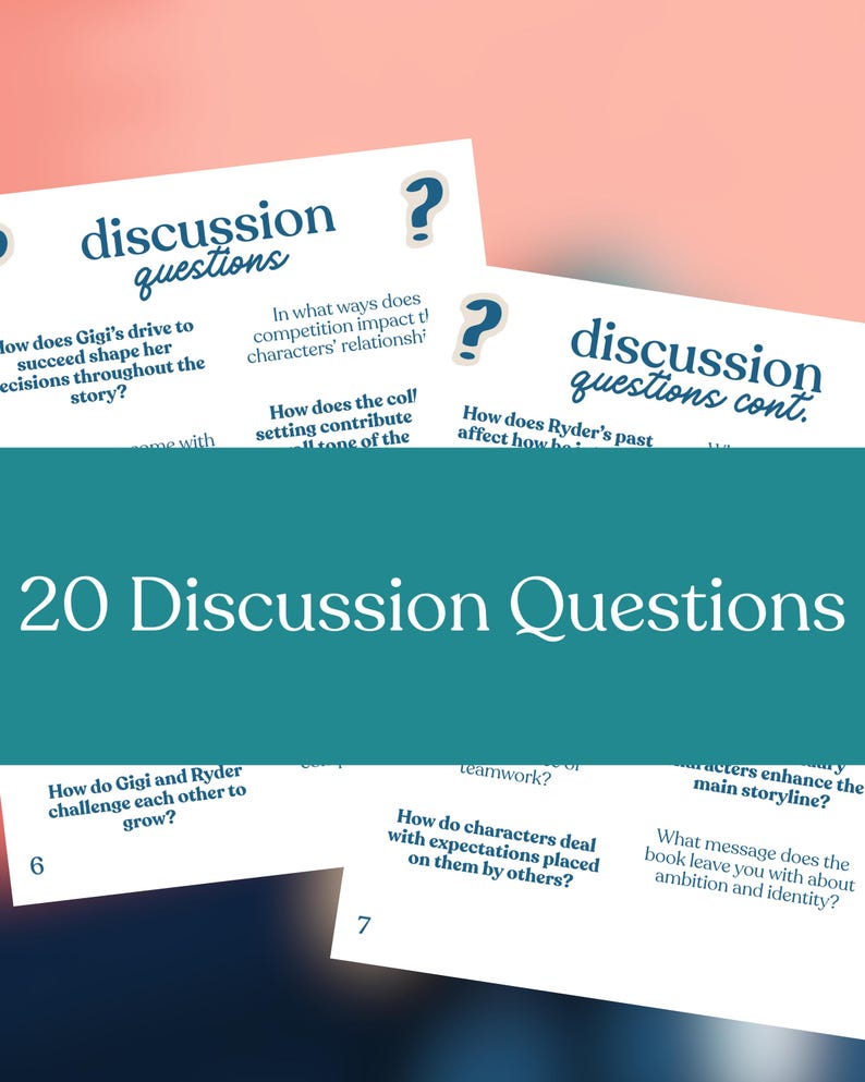 May include: Cards with discussion questions are displayed, featuring the title "20 Discussion Questions." The cards have a teal and white color scheme, with the words "discussion questions" in a navy blue font. The questions are about a book's characters and themes.