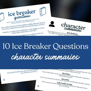 May include: A collection of white cards with text, including "ice breaker questions" and "character summaries." The cards feature questions and character descriptions. The title "10 Ice Breaker Questions character summaries" is displayed in a blue banner.