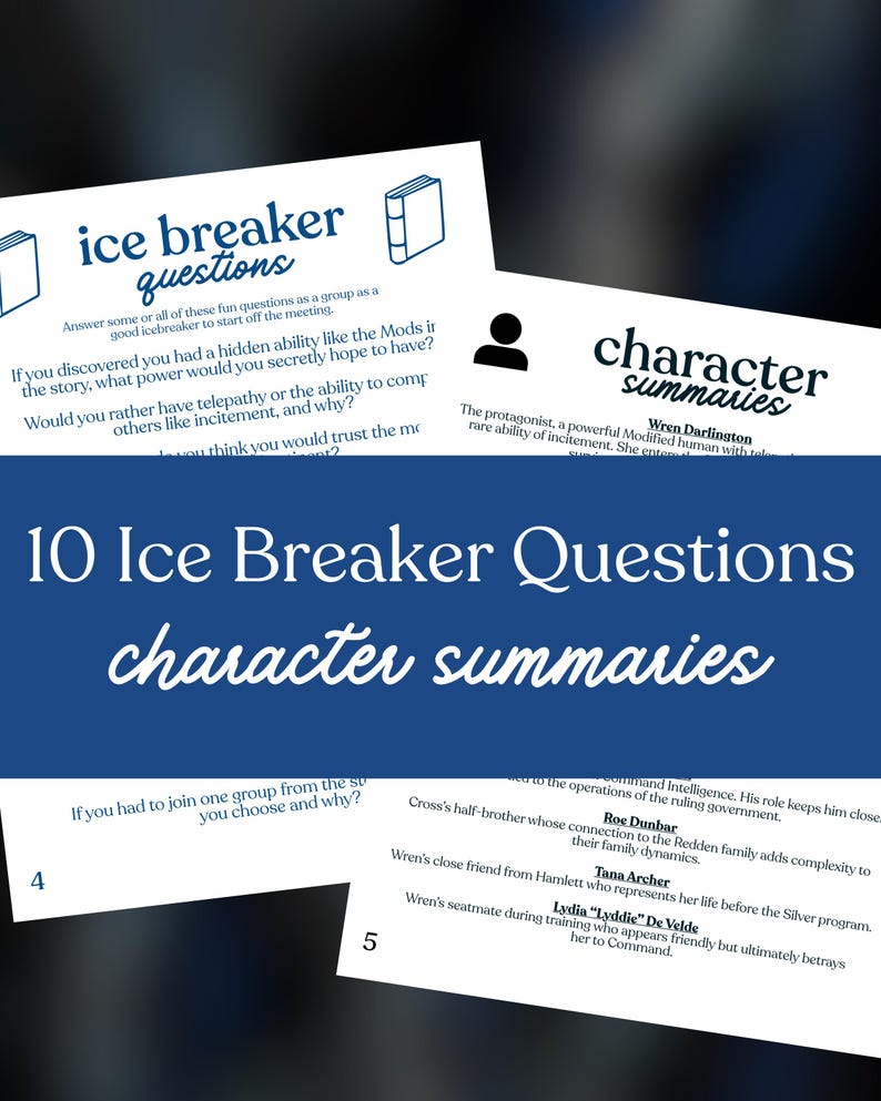 May include: A collection of white cards with text, including "ice breaker questions" and "character summaries." The cards feature questions and character descriptions. The title "10 Ice Breaker Questions character summaries" is displayed in a blue banner.