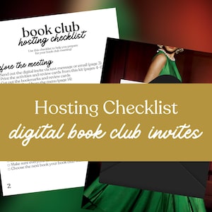 May include: A digital book club hosting checklist with the text "book club hosting checklist" and "digital book club invites." The image includes a checklist of tasks and a woman in a green dress.