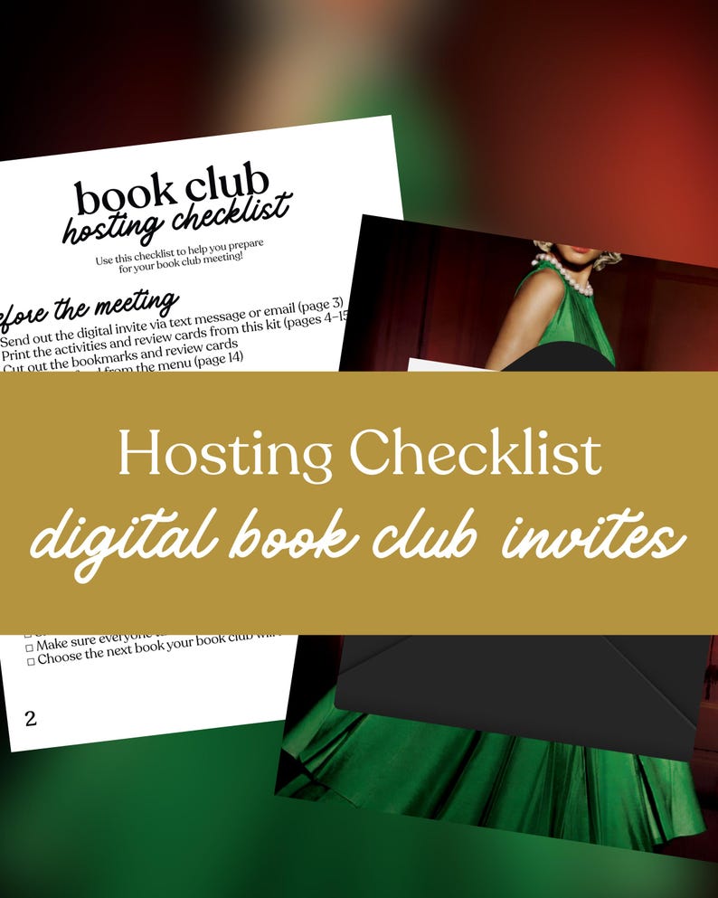 May include: A digital book club hosting checklist with the text "book club hosting checklist" and "digital book club invites." The image includes a checklist of tasks and a woman in a green dress.