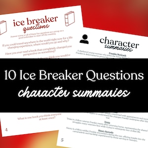 Op de afbeelding: Een verzameling witte kaarten met zwarte tekst, waaronder "ice breaker questions" en "character summaries". De kaarten bevatten vragen en samenvattingen. De afbeelding heeft een rode en zwarte achtergrond. De tekst bevat de nummers 4 en 5.