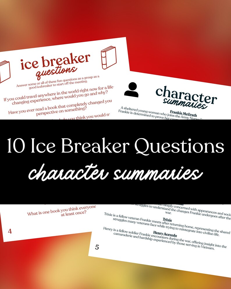 Op de afbeelding: Een verzameling witte kaarten met zwarte tekst, waaronder "ice breaker questions" en "character summaries". De kaarten bevatten vragen en samenvattingen. De afbeelding heeft een rode en zwarte achtergrond. De tekst bevat de nummers 4 en 5.