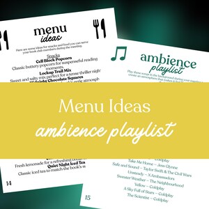 May include: A yellow background with the words "Menu Ideas" and "ambience playlist" in white script. The image includes lists of snack and song suggestions for a book club meeting.