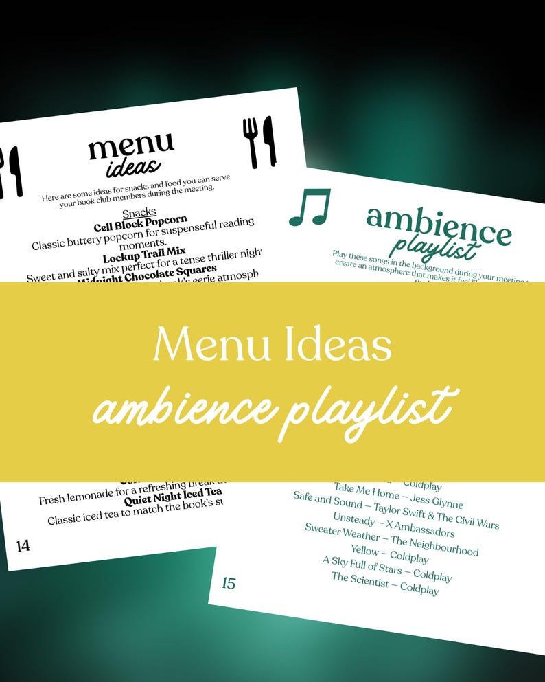May include: A yellow background with the words "Menu Ideas" and "ambience playlist" in white script. The image includes lists of snack and song suggestions for a book club meeting.