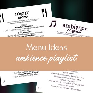 May include: Two white sheets of paper with text, one labelled "menu ideas" and the other "ambience playlist." The menu sheet lists snack ideas, while the playlist sheet lists song titles. The background is a gradient of brown and teal.