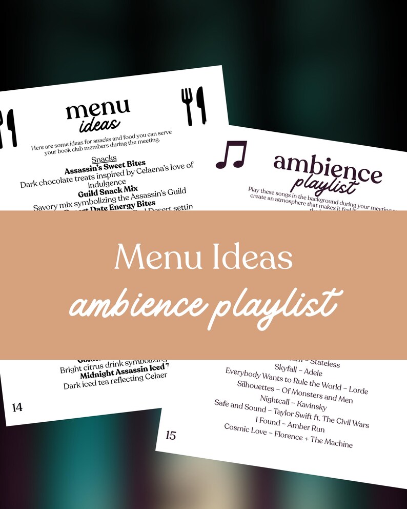 May include: Two white sheets of paper with text, one labelled "menu ideas" and the other "ambience playlist." The menu sheet lists snack ideas, while the playlist sheet lists song titles. The background is a gradient of brown and teal.