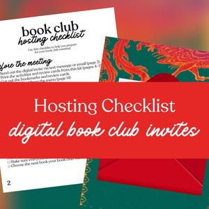 May include: A red banner with the text "Hosting Checklist digital book club invites" overlays a green and red background. A white checklist with black text is visible, along with a red envelope and a patterned card.