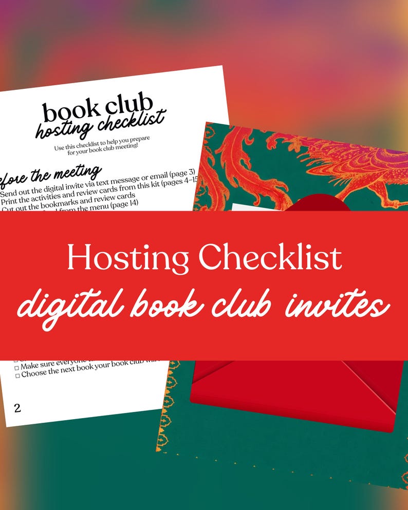 May include: A red banner with the text "Hosting Checklist digital book club invites" overlays a green and red background. A white checklist with black text is visible, along with a red envelope and a patterned card.