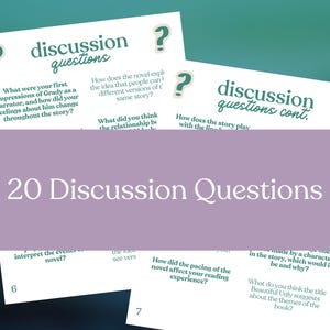 May include: Cards with discussion questions for a novel study. The cards have green text and question mark icons. The title "20 Discussion Questions" is displayed in a purple banner.