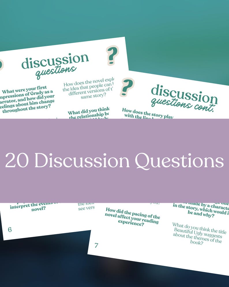 May include: Cards with discussion questions for a novel study. The cards have green text and question mark icons. The title "20 Discussion Questions" is displayed in a purple banner.