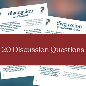 May include: A set of discussion question cards with the title "20 Discussion Questions" in white text on a red background. The cards feature questions about a book, with the word "discussion" and a question mark icon. The cards are white with teal text.