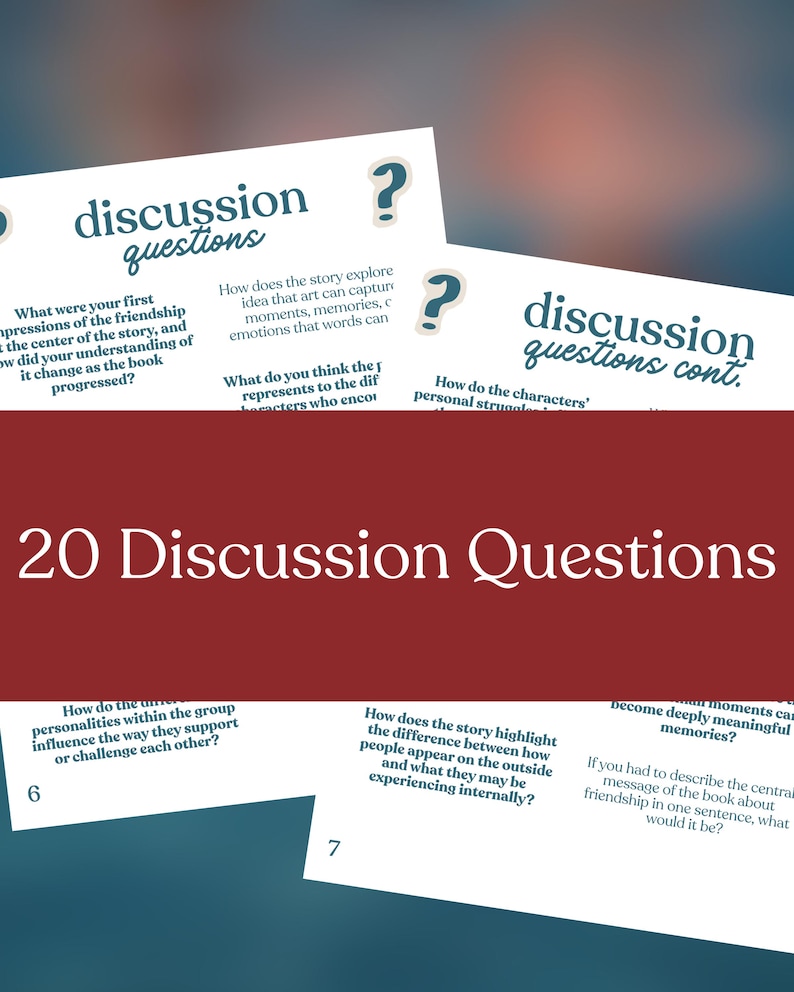 May include: A set of discussion question cards with the title "20 Discussion Questions" in white text on a red background. The cards feature questions about a book, with the word "discussion" and a question mark icon. The cards are white with teal text.