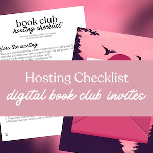 May include: A pink and purple graphic with the text "book club hosting checklist" and "digital book club invites." The image includes a checklist, a pink envelope, and a decorative card with a silhouette of trees and birds.