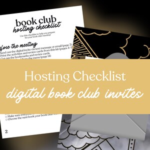 Puede incluir: Una lista de verificaci&oacute;n para organizar una reuni&oacute;n de club de lectura. La lista incluye instrucciones para preparar la reuni&oacute;n, enviar invitaciones digitales e imprimir actividades. Tambi&eacute;n se ve el texto "Hosting Checklist digital book club invites".