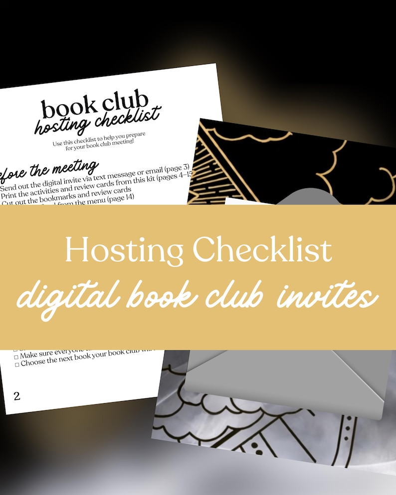 Puede incluir: Una lista de verificaci&oacute;n para organizar una reuni&oacute;n de club de lectura. La lista incluye instrucciones para preparar la reuni&oacute;n, enviar invitaciones digitales e imprimir actividades. Tambi&eacute;n se ve el texto "Hosting Checklist digital book club invites".