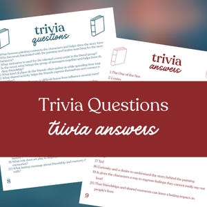 May include: A graphic design featuring the words "Trivia Questions" and "trivia answers" in white script on a burgundy background. The image includes trivia questions and answers on separate white cards, with book illustrations.