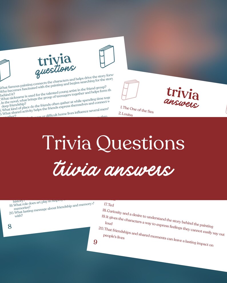 May include: A graphic design featuring the words "Trivia Questions" and "trivia answers" in white script on a burgundy background. The image includes trivia questions and answers on separate white cards, with book illustrations.