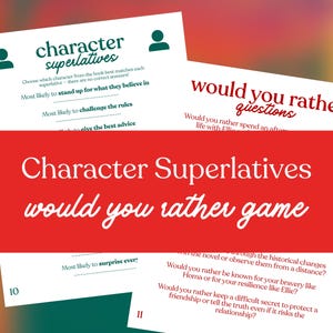 May include: Character Superlatives and Would You Rather game cards. The cards are white with green and red accents. The text includes questions and prompts for a book-themed game. The game is designed to be played with friends.