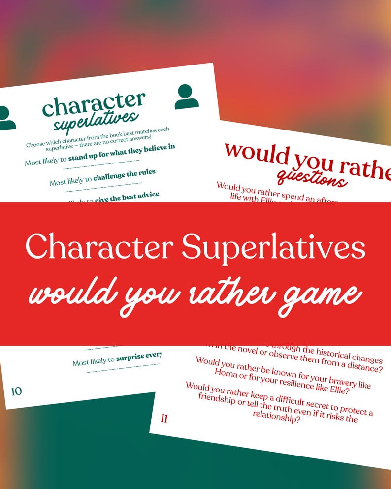 May include: Character Superlatives and Would You Rather game cards. The cards are white with green and red accents. The text includes questions and prompts for a book-themed game. The game is designed to be played with friends.