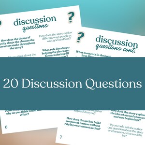 May include: A teal-colored graphic with the text "20 Discussion Questions" in white. Several white cards with teal text and question marks are layered on top, featuring discussion prompts about a story.