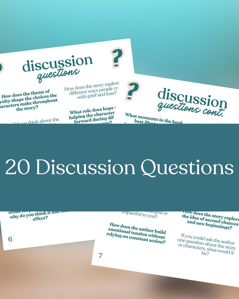 May include: A teal-colored graphic with the text "20 Discussion Questions" in white. Several white cards with teal text and question marks are layered on top, featuring discussion prompts about a story.