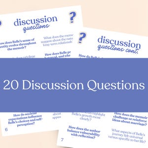 May include: Cards with discussion questions are displayed. The cards have the words "discussion questions" in a stylized font. The text "20 Discussion Questions" is also visible. The questions are about a memoir.