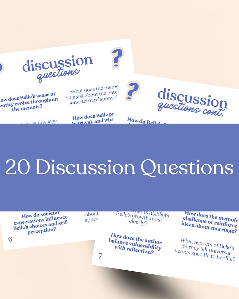 May include: Cards with discussion questions are displayed. The cards have the words "discussion questions" in a stylized font. The text "20 Discussion Questions" is also visible. The questions are about a memoir.
