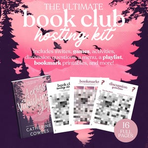 May include: A pink and purple book club hosting kit with the text "The Ultimate Book Club Hosting Kit." Includes invites, games, activities, discussion questions, a menu, a playlist, and bookmark printables. Features a book cover and printable pages.